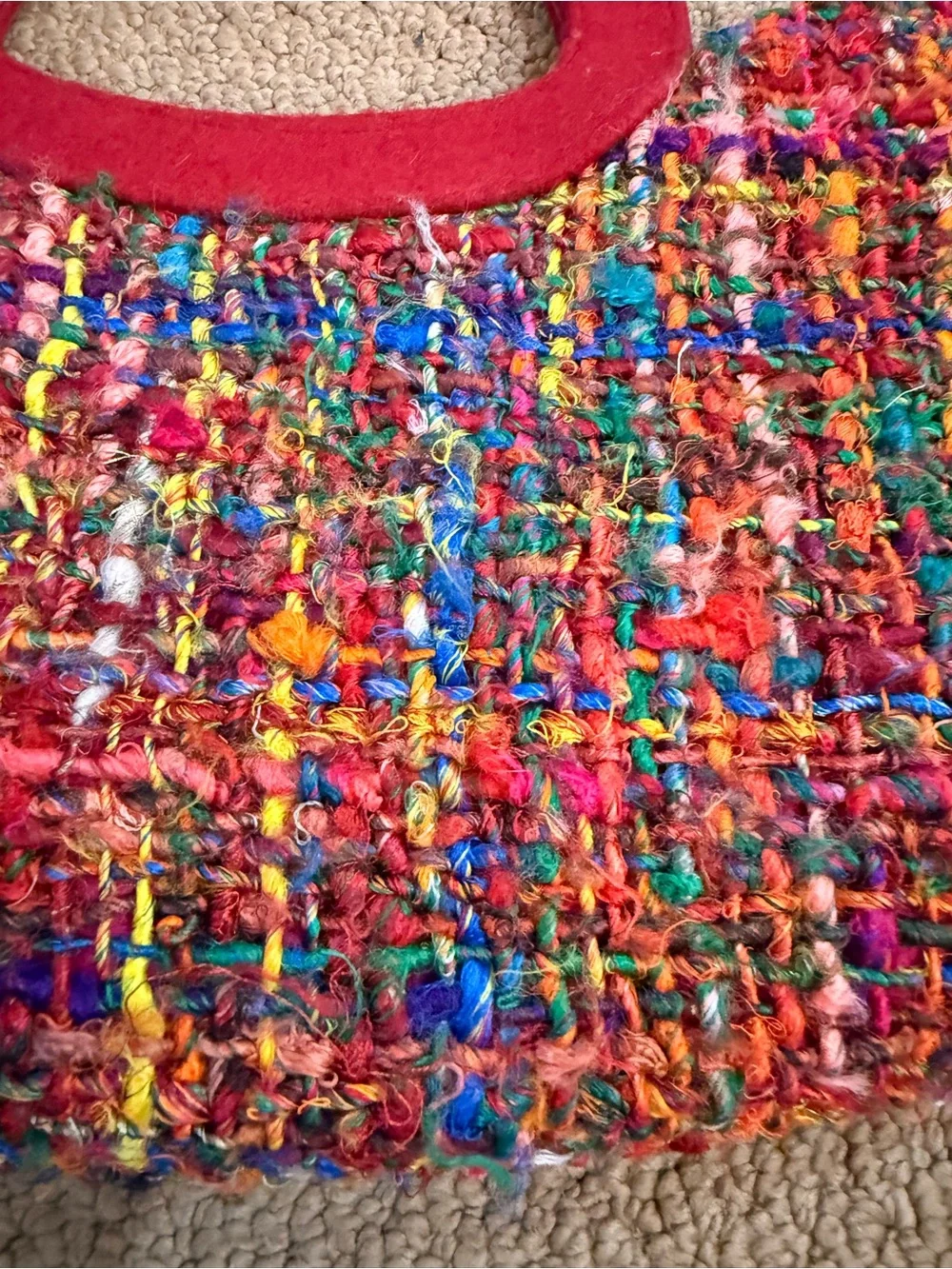 Handcrafted Multicolor Crochet Clutch with Red Handle